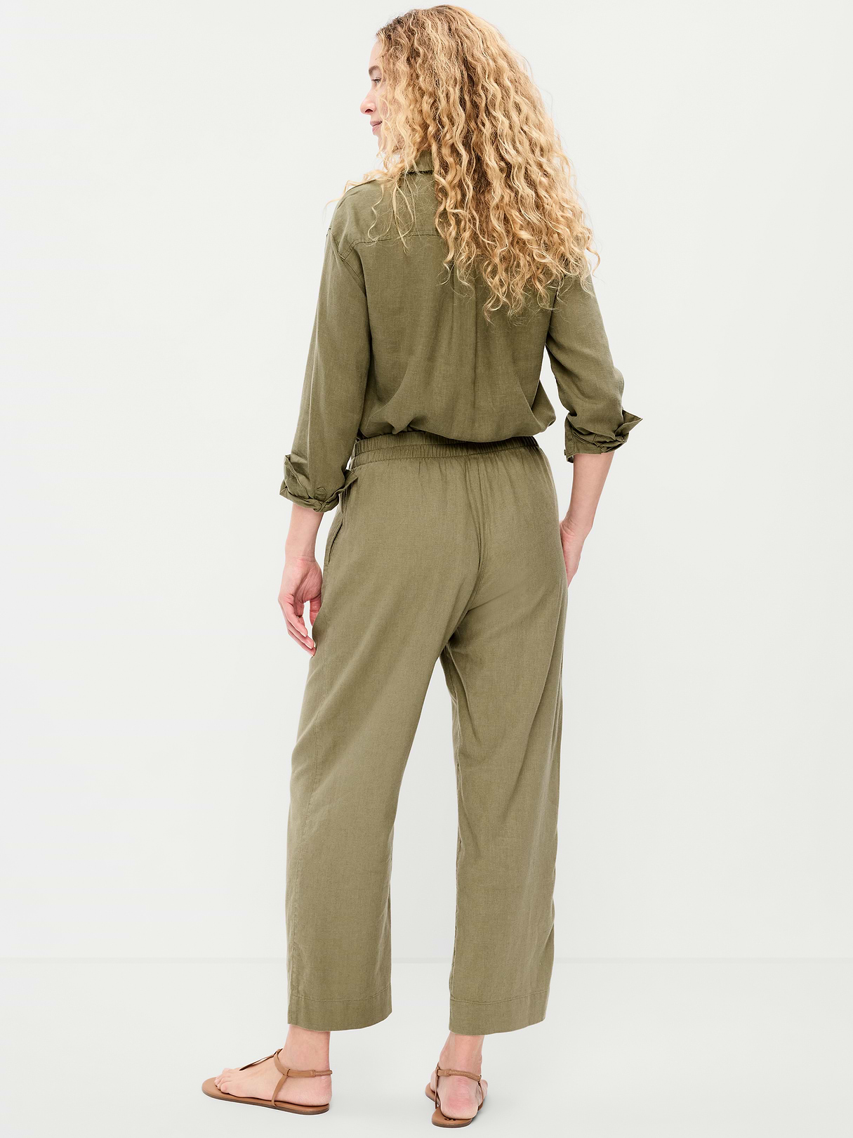 High-Waisted Linen-Blend Straight Ankle Pants - Kombu