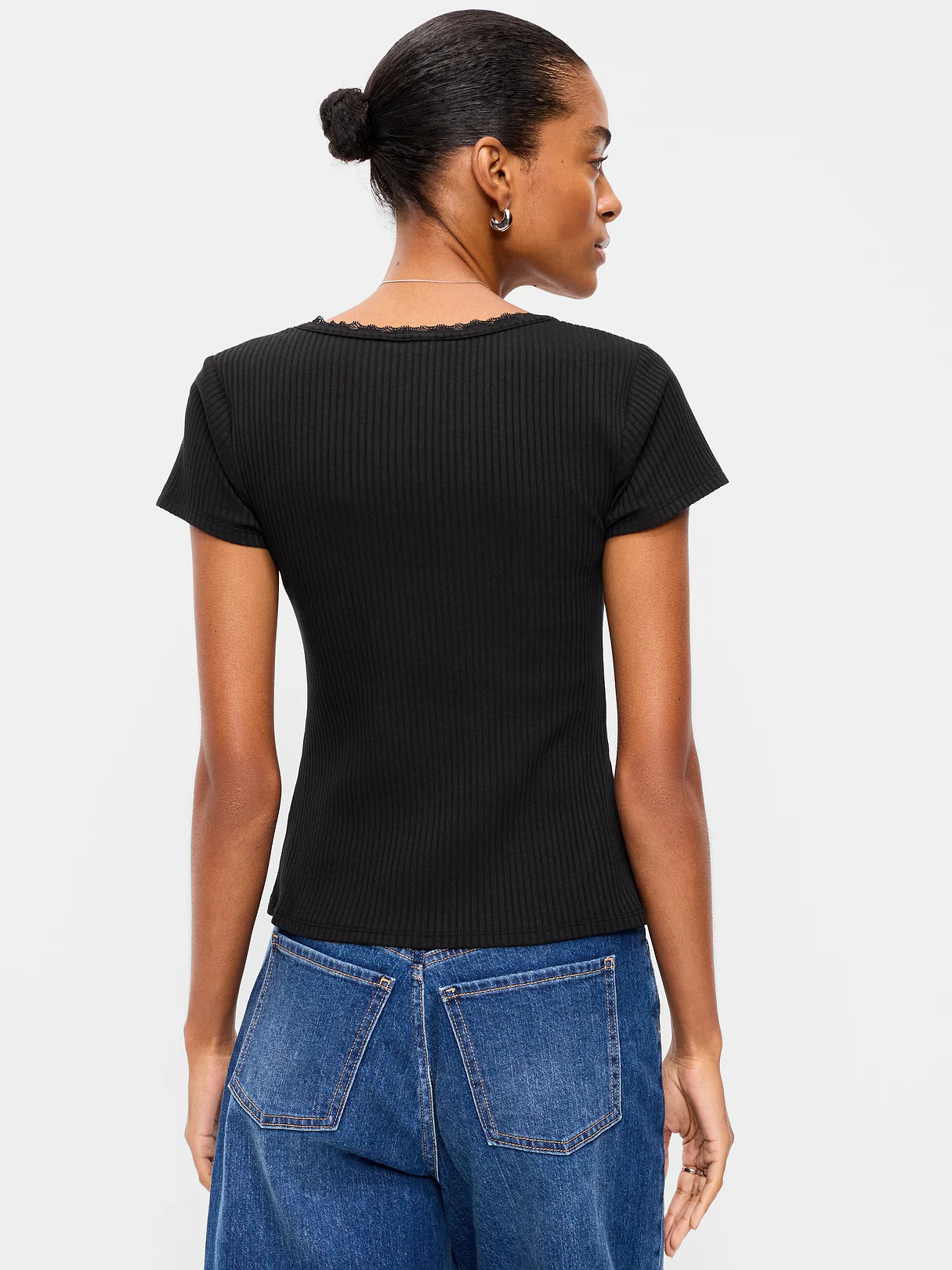 Lace-Trim Sweetheart-Neck Ribbed Top - Black Jack