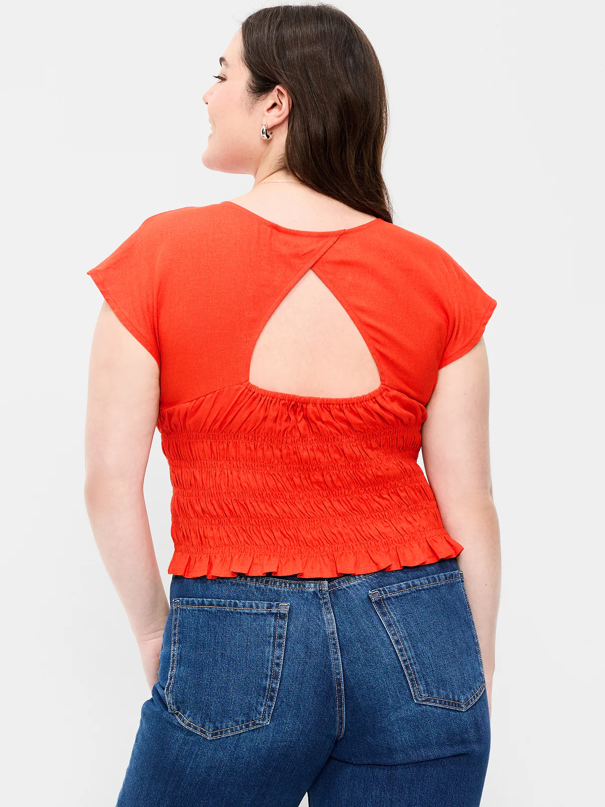 Linen-Blend Short-Sleeve Smocked Top - Ornament Orange