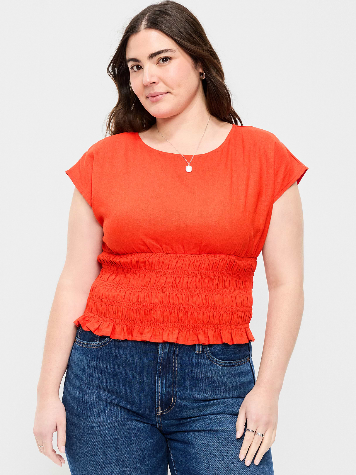 Linen-Blend Short-Sleeve Smocked Top - Ornament Orange