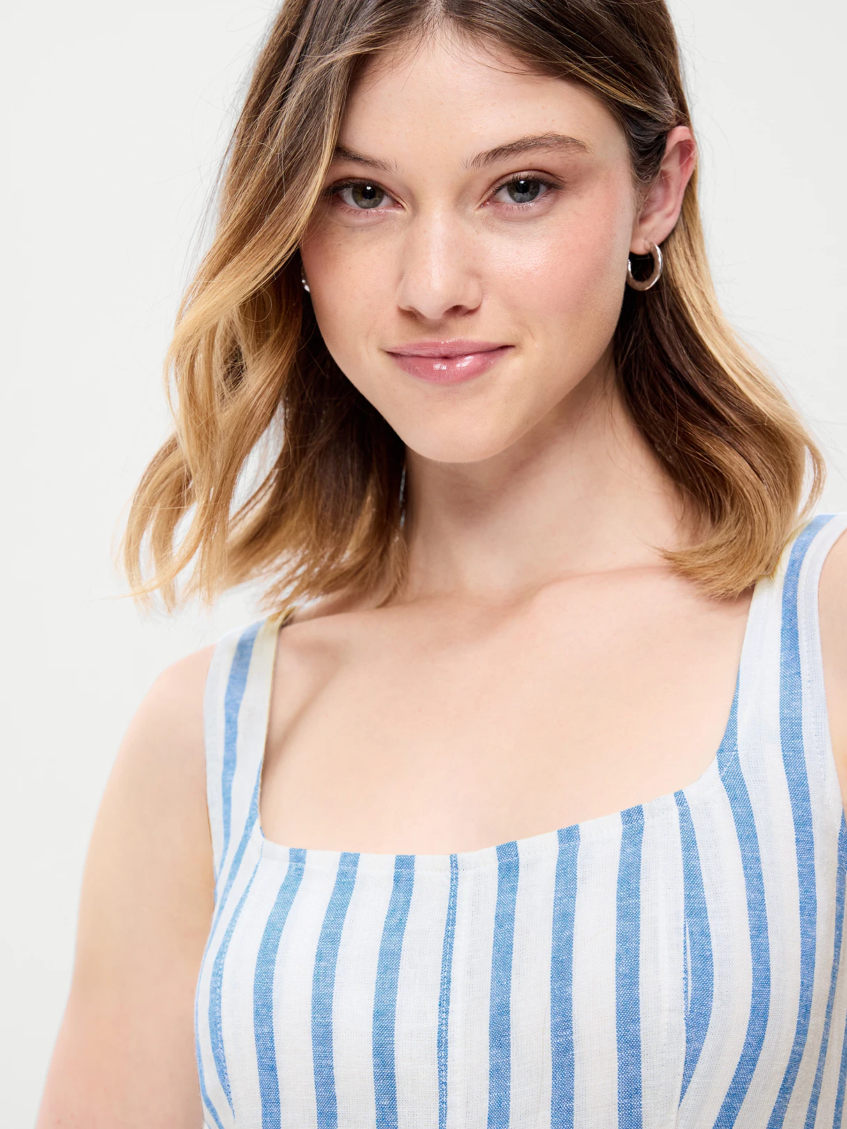 Fit & Flare Sleeveless Linen-Blend Midi Dress - Blue & White Stripe