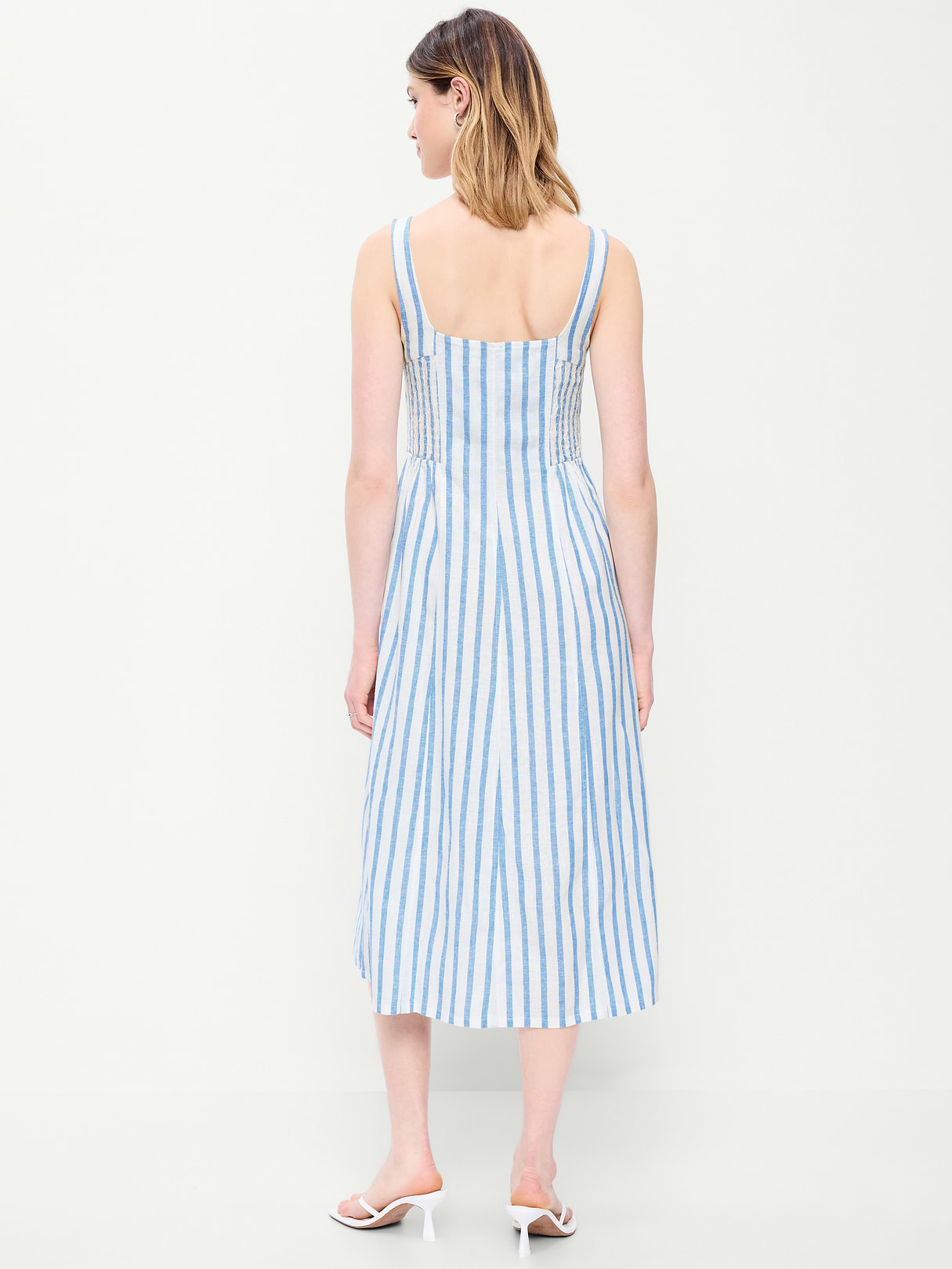 Fit & Flare Sleeveless Linen-Blend Midi Dress - Blue & White Stripe