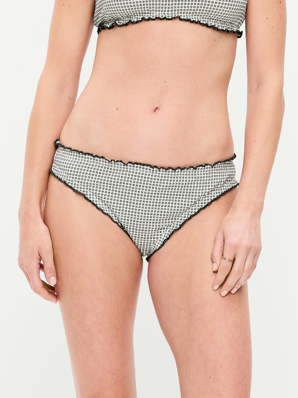 Mid-Rise Ruffle Trim Swim Bottoms - Pique Black/White Gingham