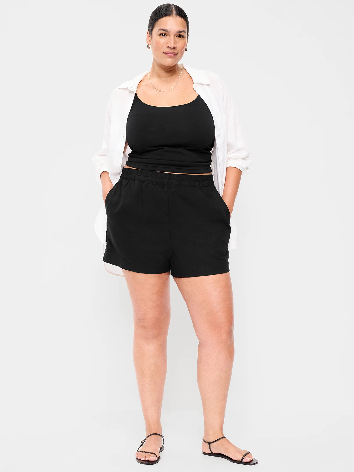 High-Waisted Beach Linen Pull-On Shorts - Black Jack