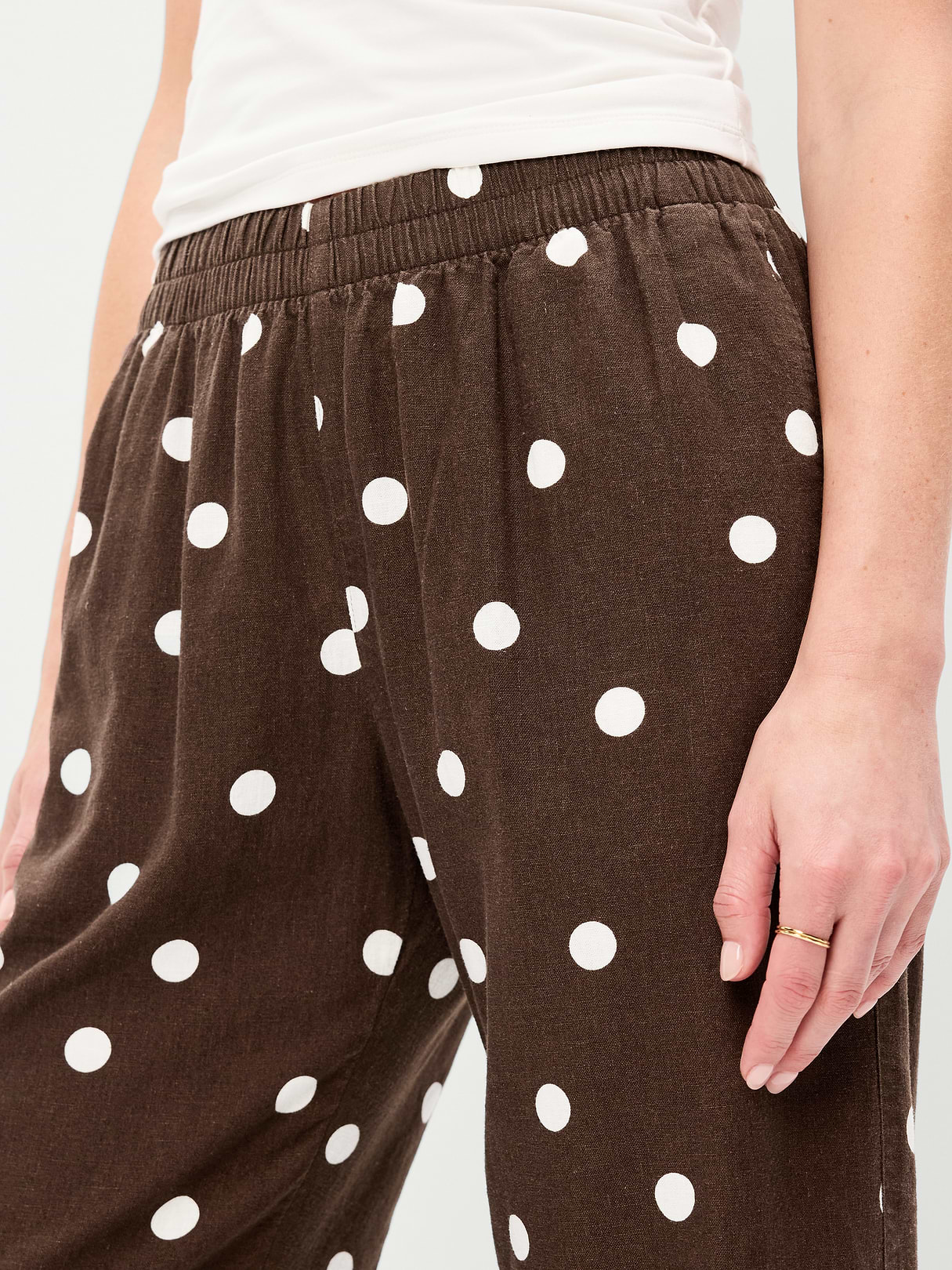 High-Waisted Linen-Blend Straight Ankle Pants - Brown Dots
