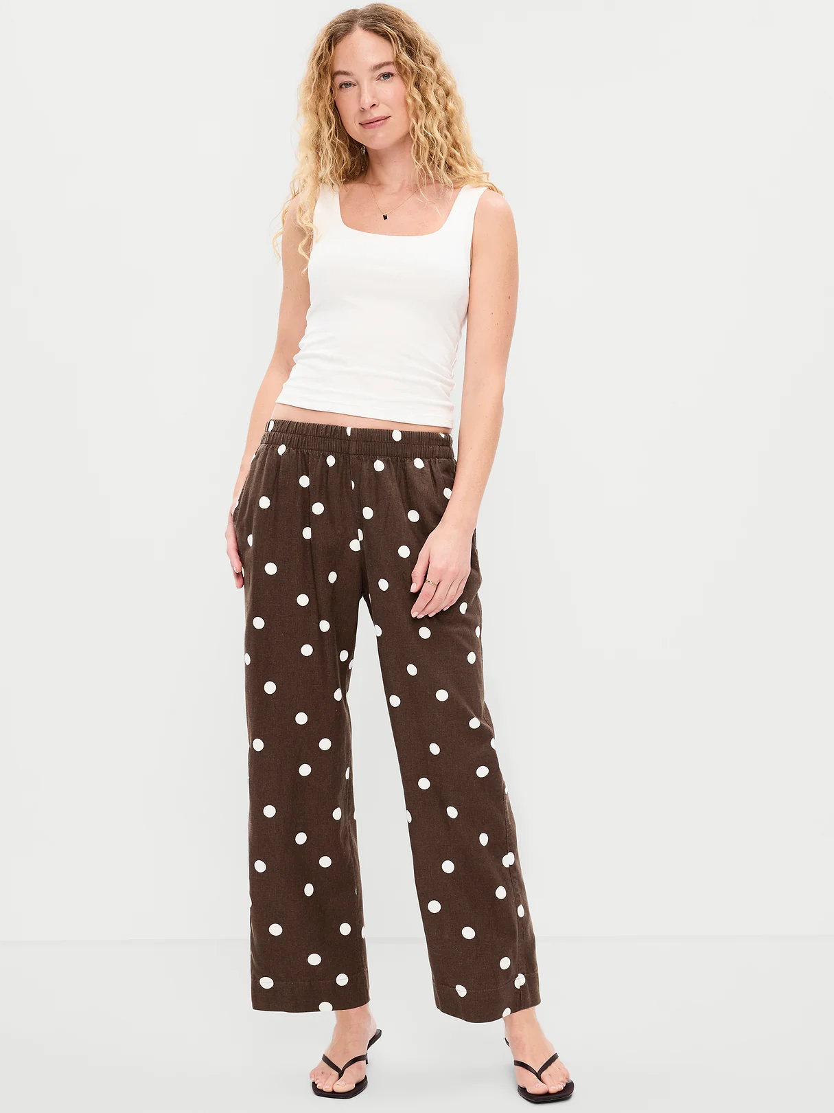 High-Waisted Linen-Blend Straight Ankle Pants - Brown Dots