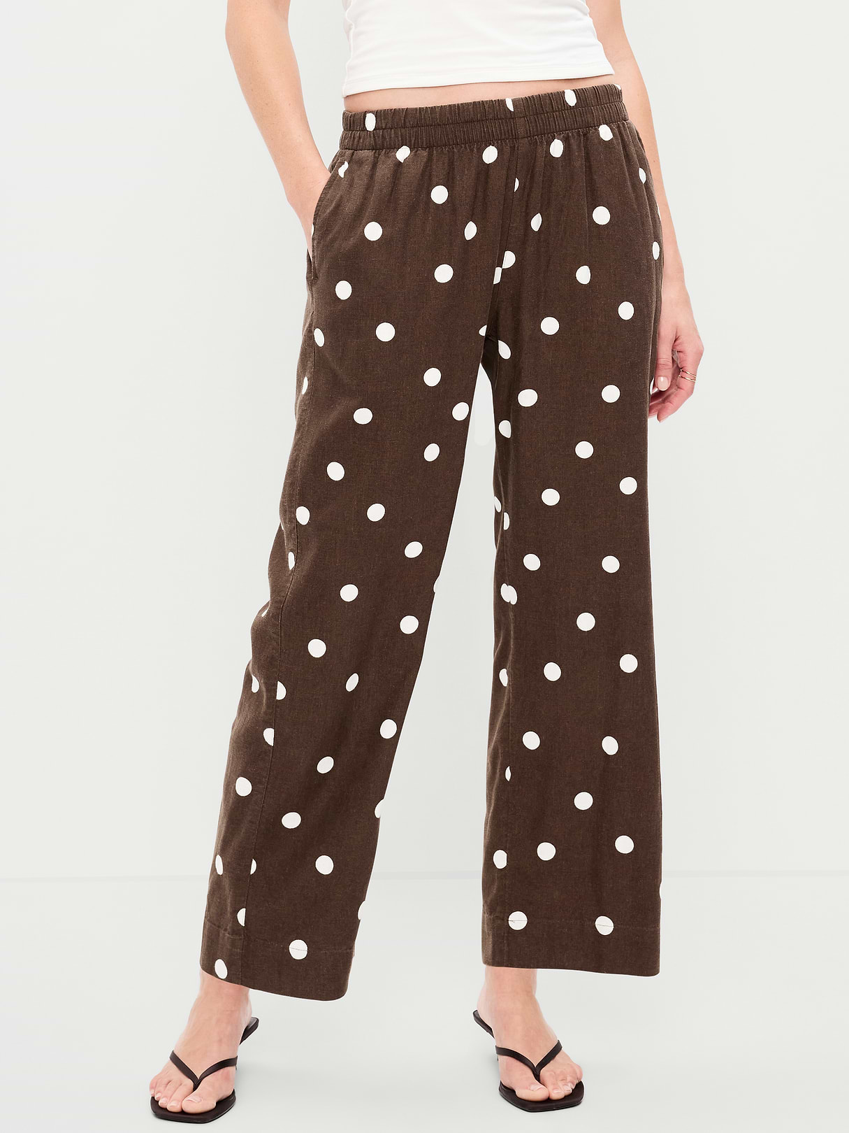 High-Waisted Linen-Blend Straight Ankle Pants - Brown Dots