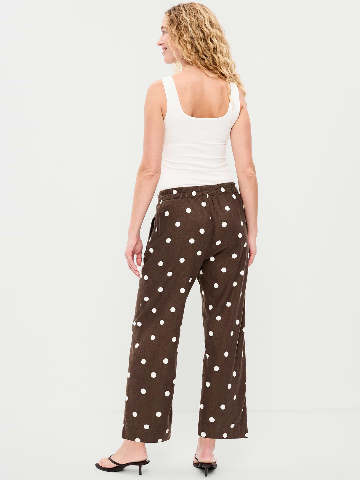 High-Waisted Linen-Blend Straight Ankle Pants - Brown Dots