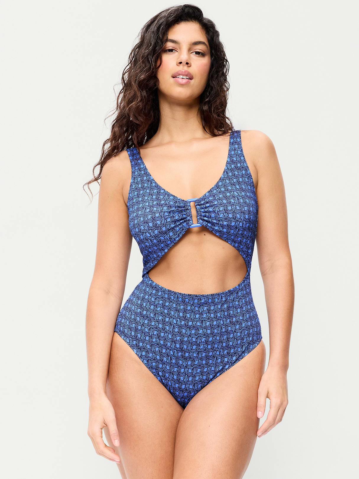 Textured One-Piece Cut-Out Swimsuit - Blue Geometric