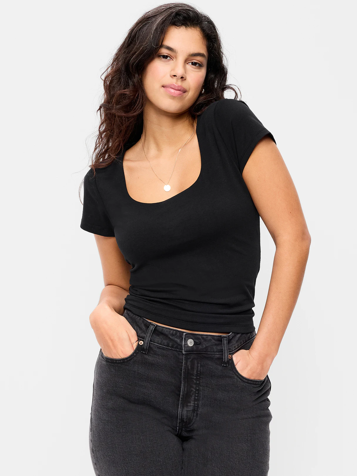 Hug Double-Layer Scoop-Neck Top - Black Jack