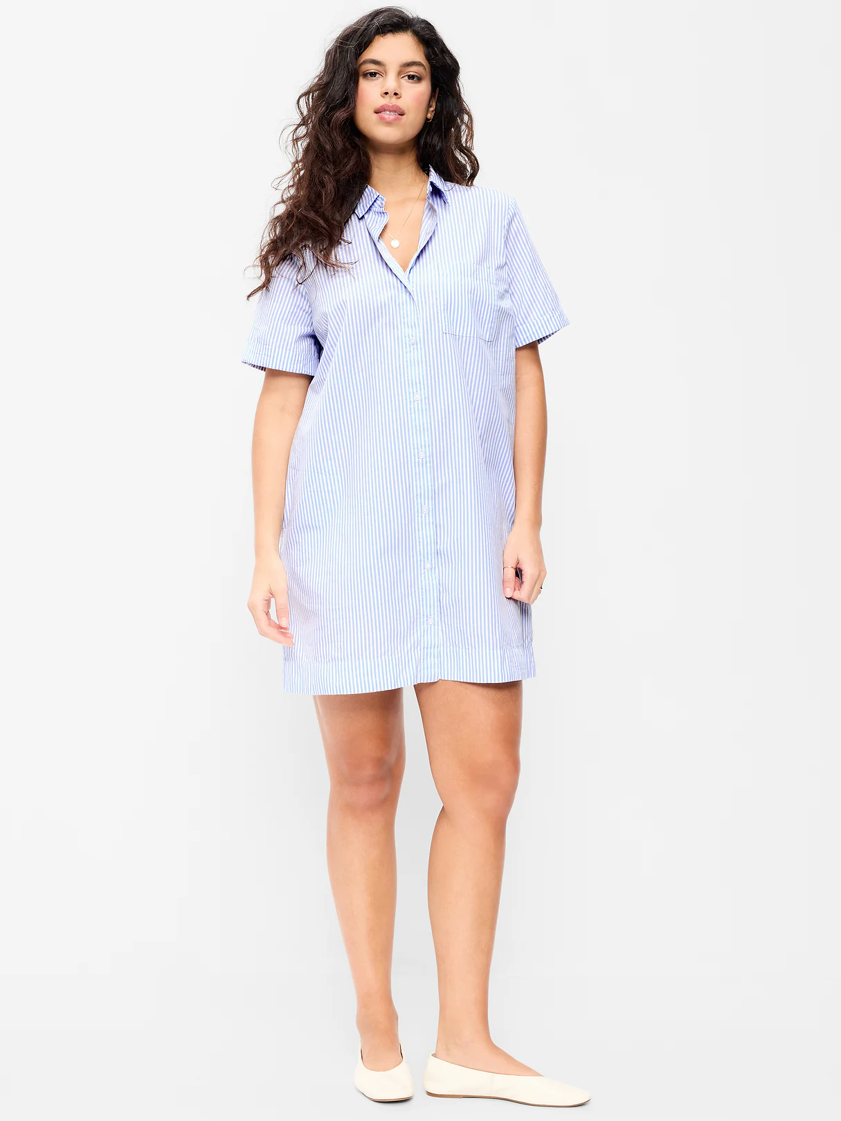 Button-Down Mini Shirt Dress - White & Blue Stripe