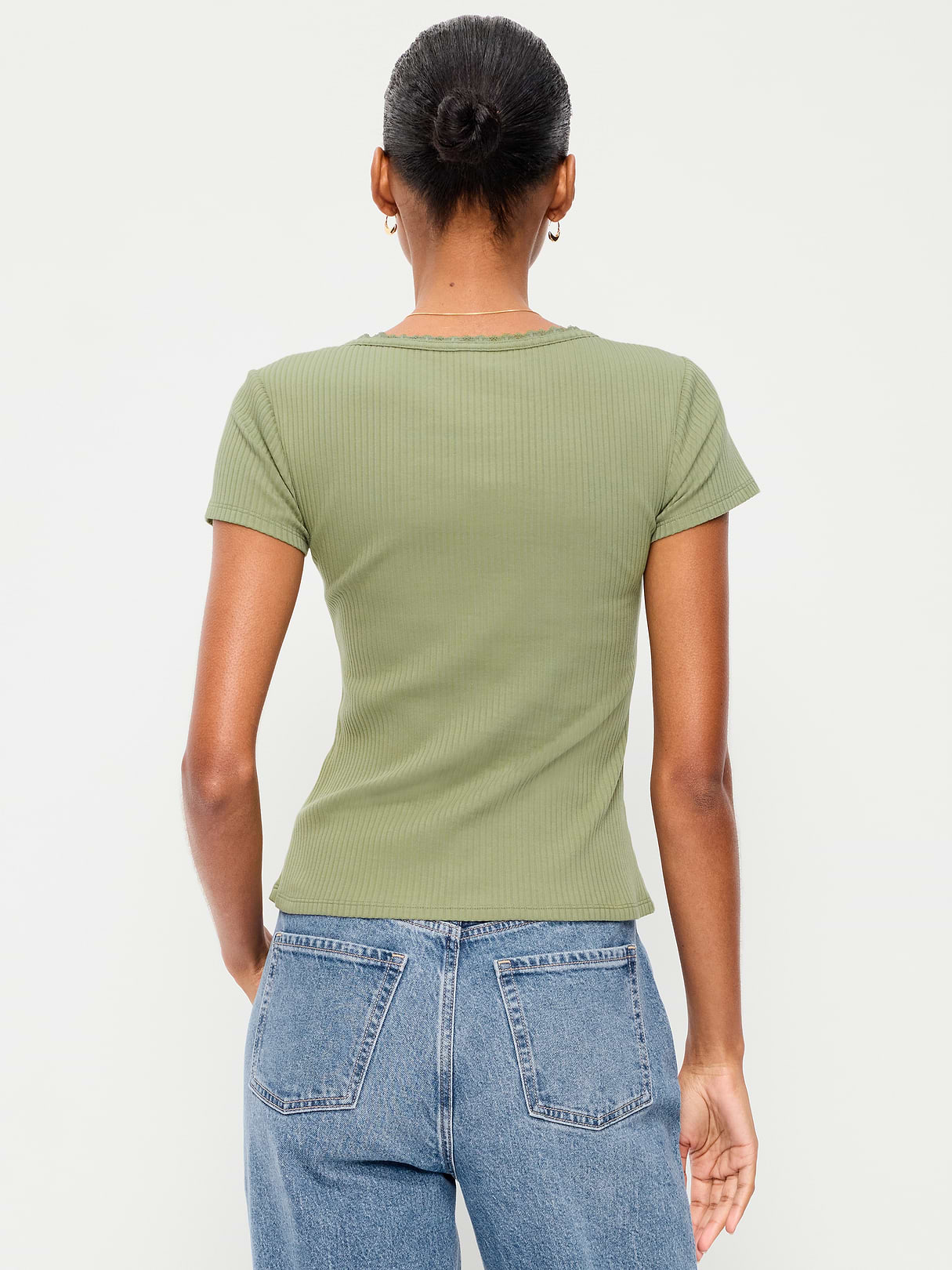 Lace-Trim Sweetheart-Neck Ribbed Top - Bare Ground
