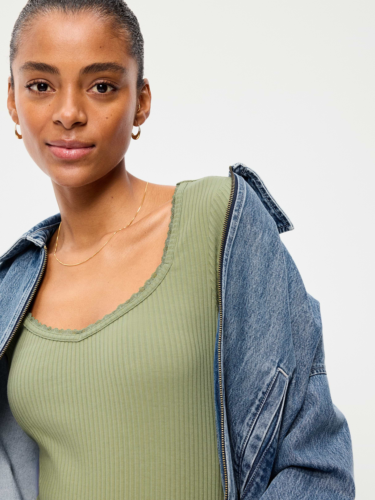 Lace-Trim Sweetheart-Neck Ribbed Top - Bare Ground
