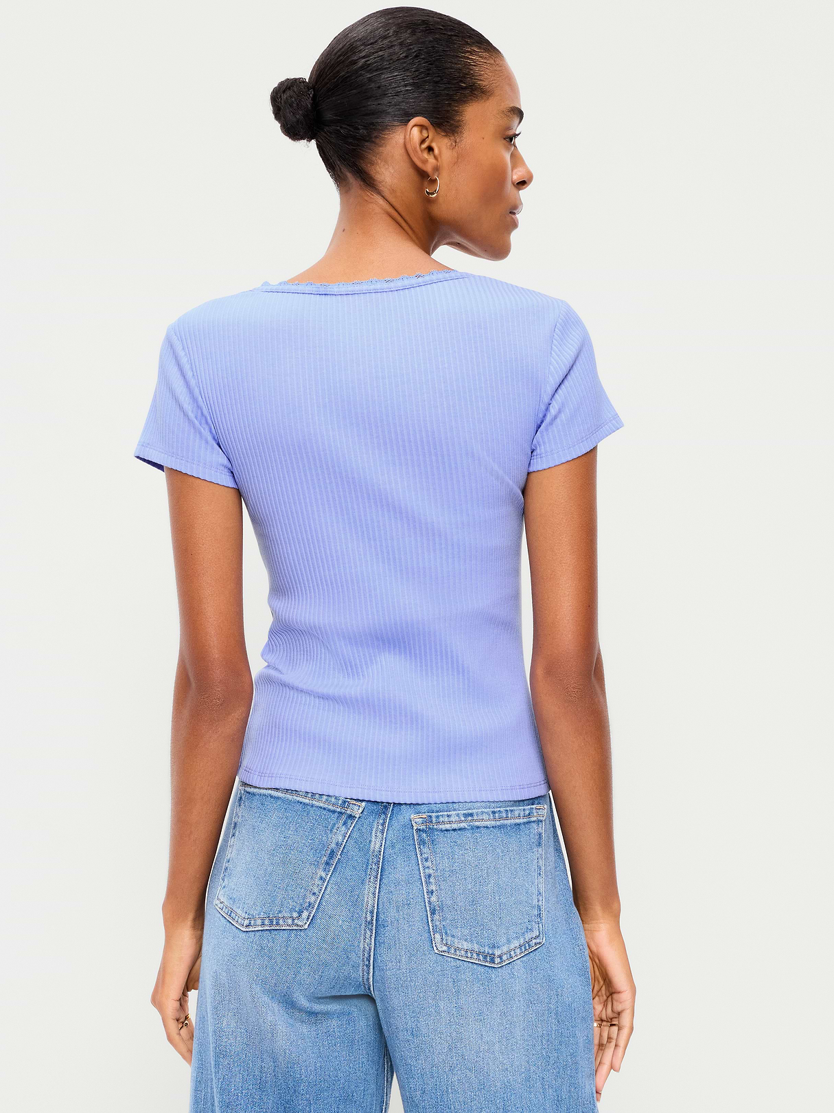 Lace-Trim Sweetheart-Neck Ribbed Top - Flax Flower