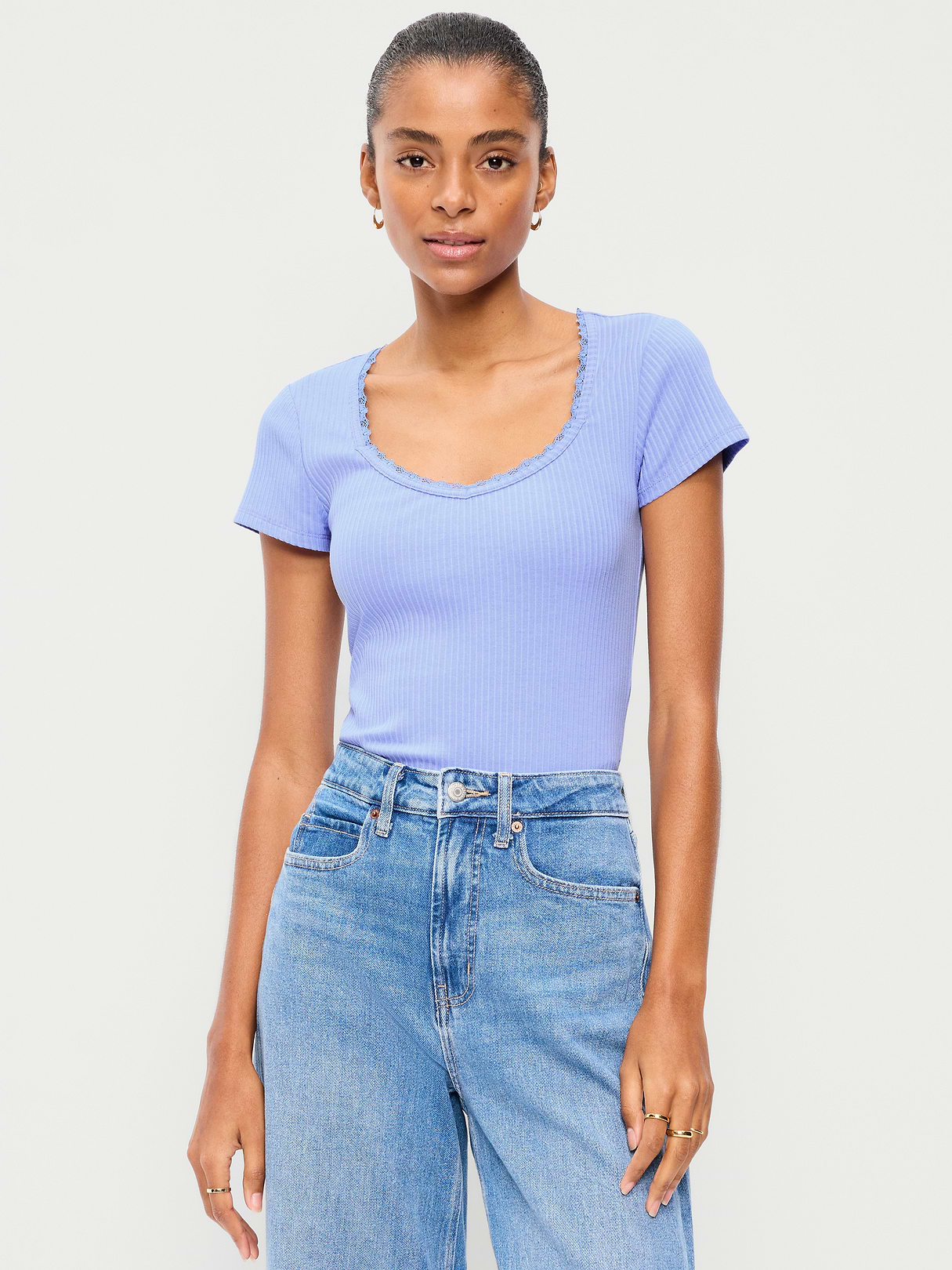 Lace-Trim Sweetheart-Neck Ribbed Top - Flax Flower