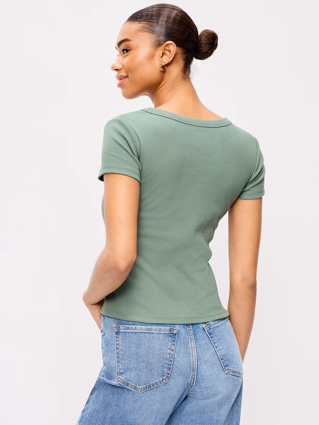 Snug Crop V-Neck Ribbed T-Shirt - Dried Herb