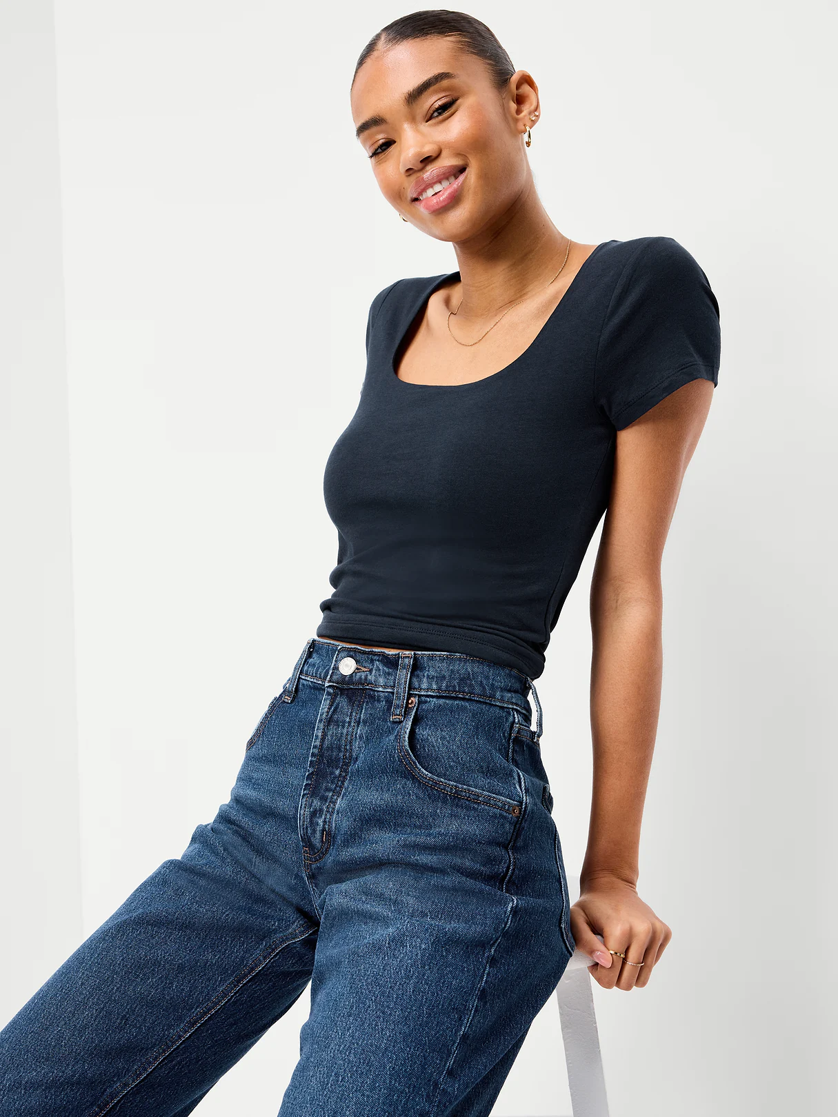 Hug Double-Layer Scoop-Neck Top - In the Navy
