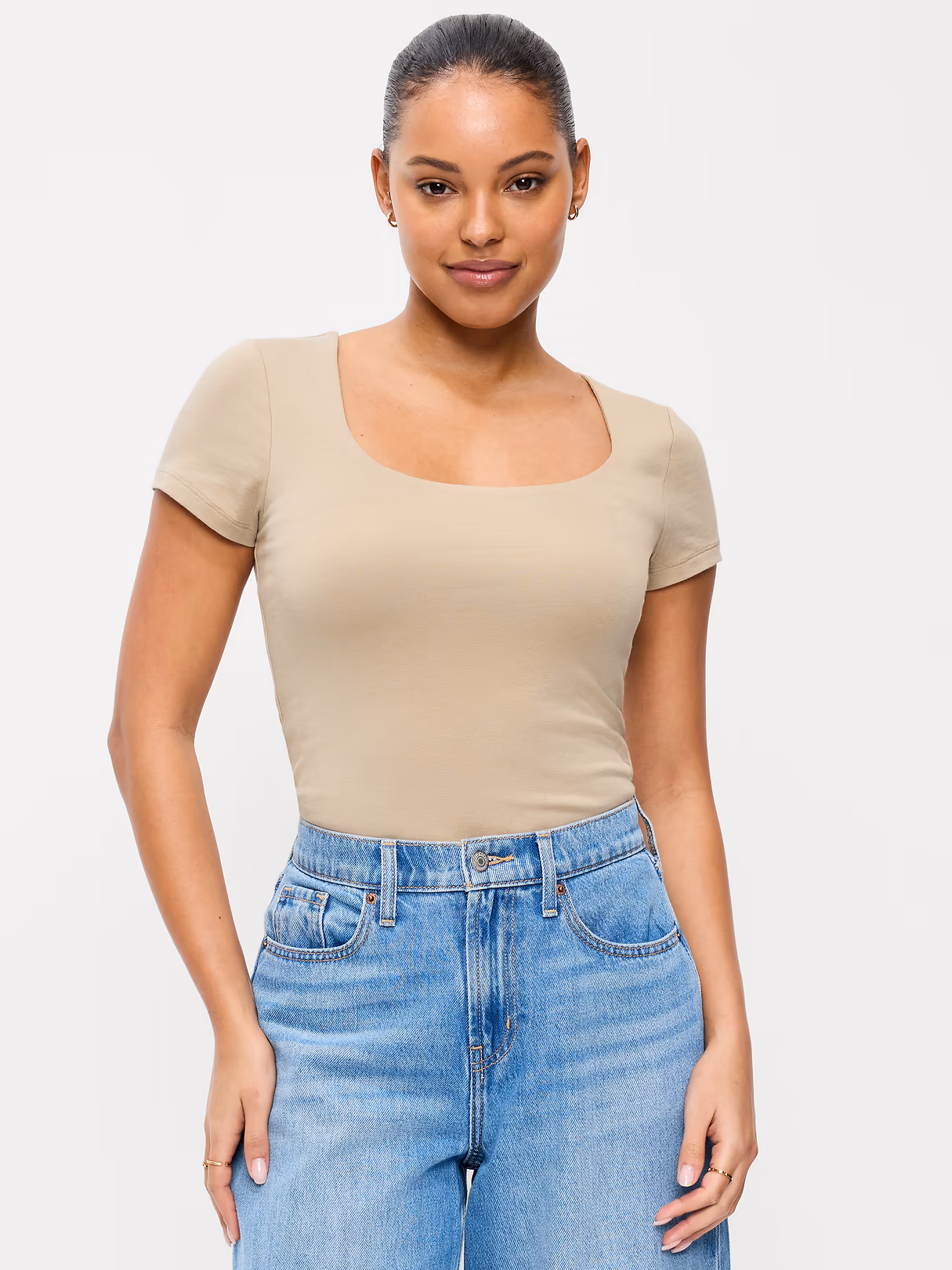 Hug Double-Layer Scoop-Neck Top - Mocha Taffy