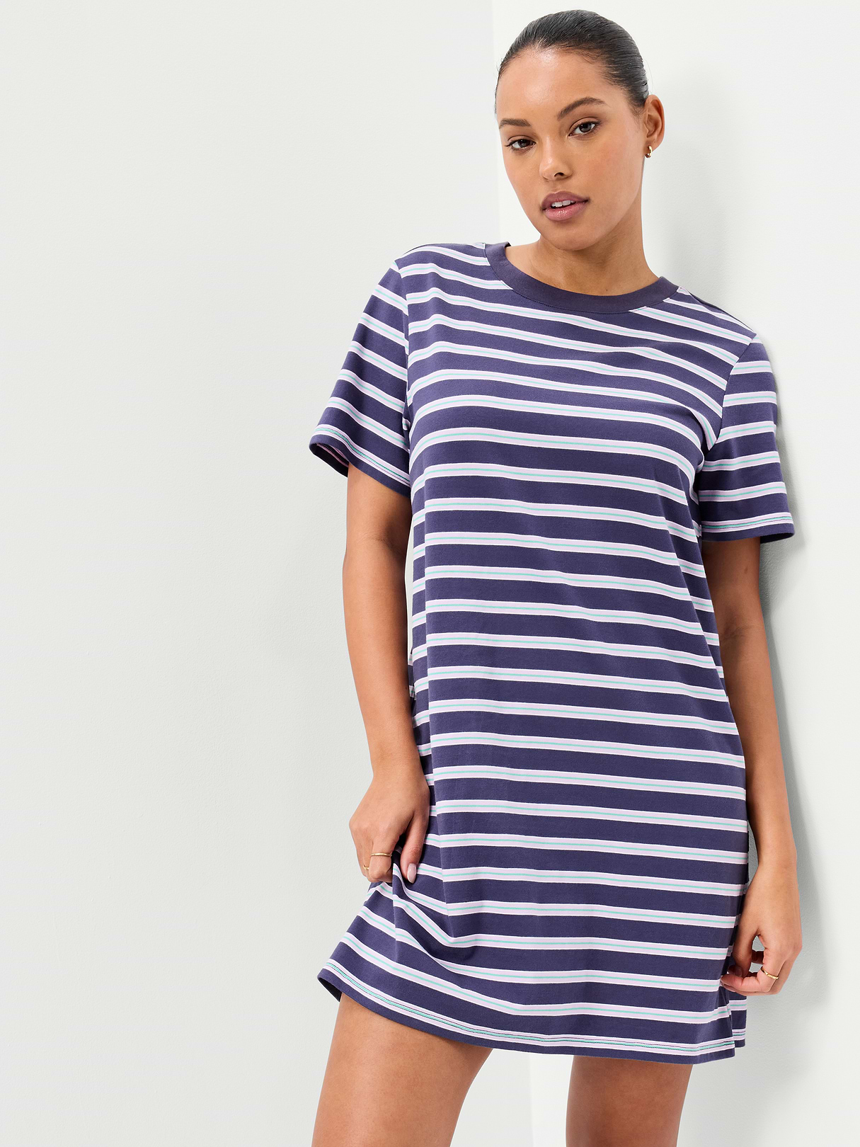 Vintage Crew-Neck Mini T-Shirt Dress - Navy Stripe