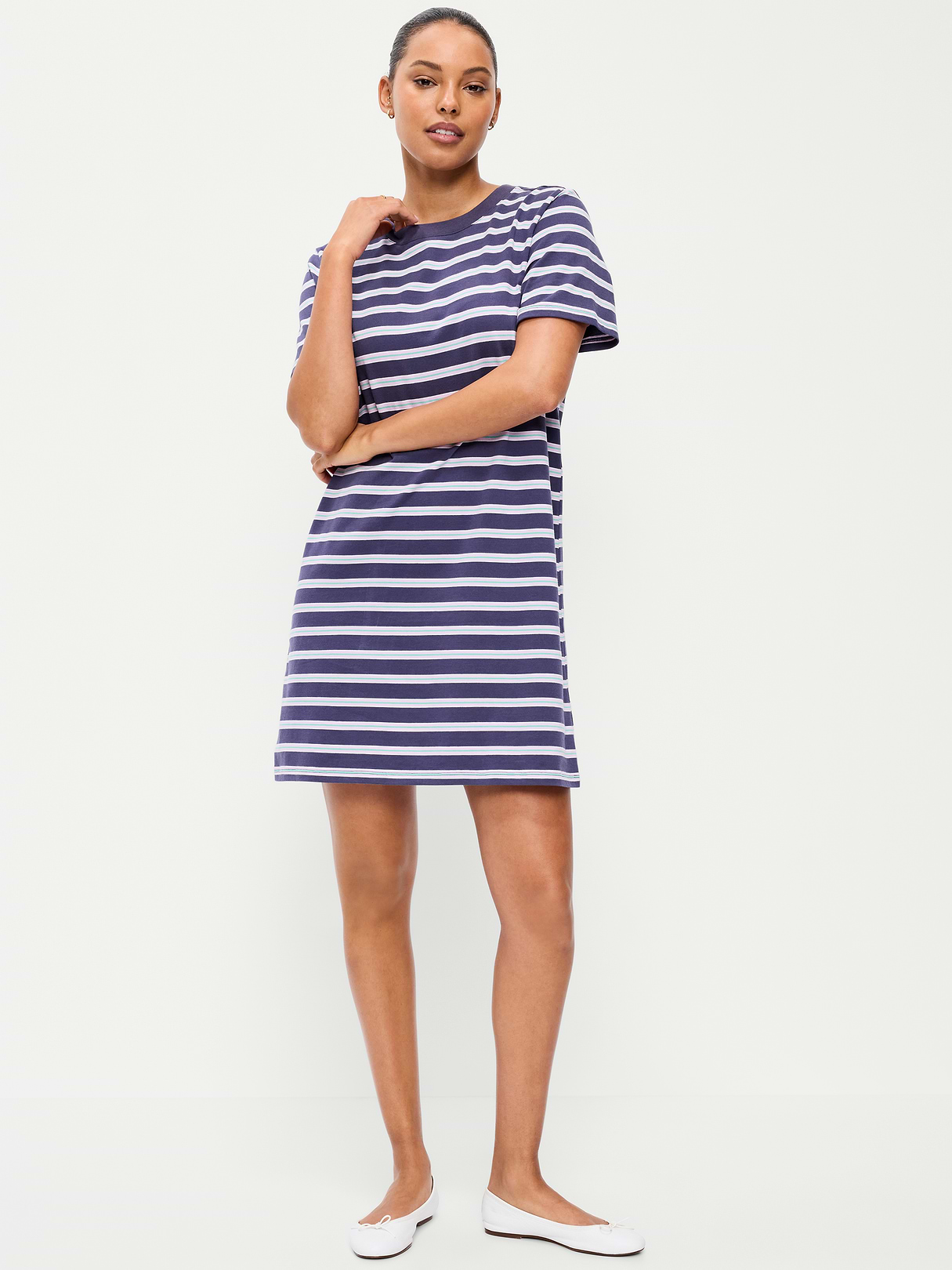Vintage Crew-Neck Mini T-Shirt Dress - Navy Stripe