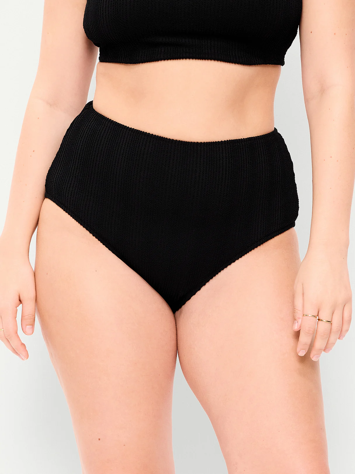High-Waisted Ribbed Bikini Swim Bottoms - Black Jack