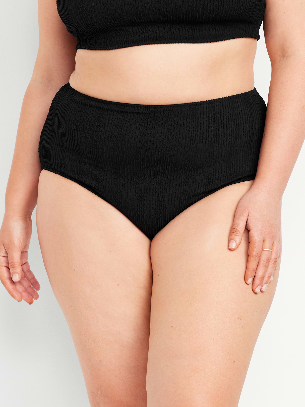 High-Waisted Ribbed Bikini Swim Bottoms - Black Jack