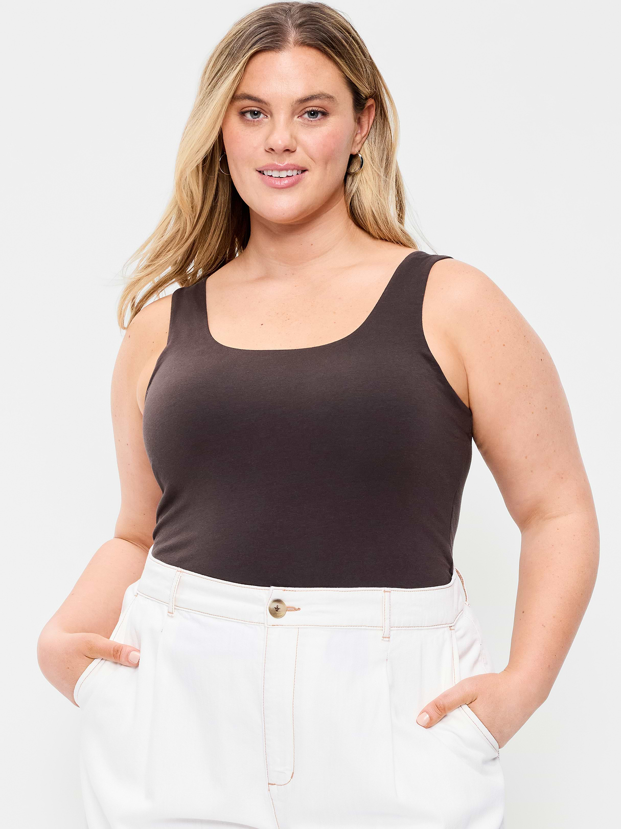 Hug Double-Layer Scoop-Neck Tank Top - Black Coffee
