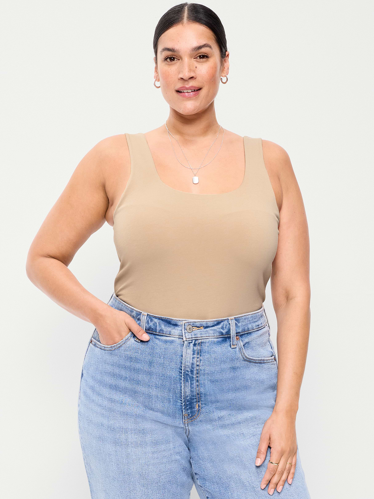 Hug Double-Layer Scoop-Neck Tank Top - Mocha Taffy