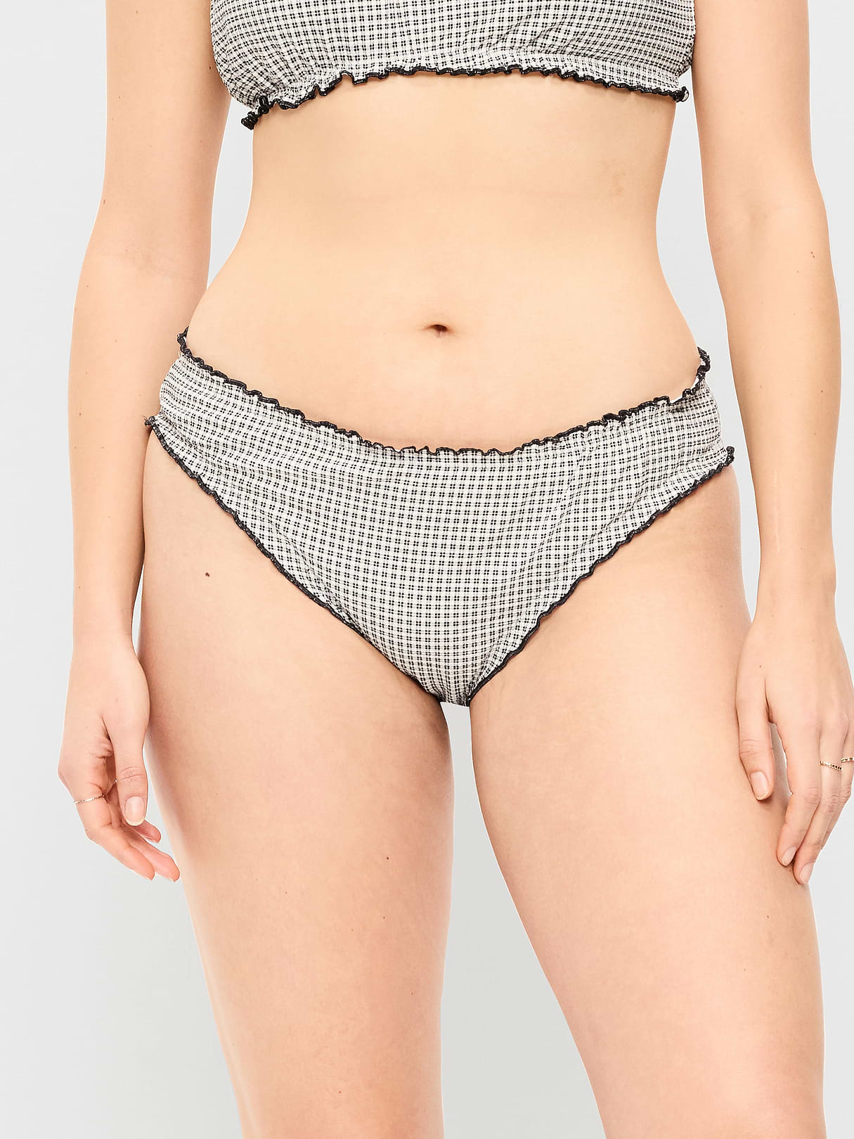 Mid-Rise Ruffle Trim Swim Bottoms - Pique Black/White Gingham