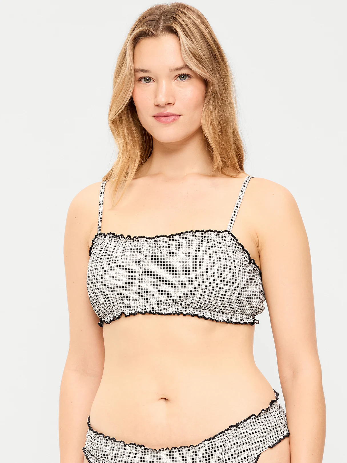 Scoop-Neck Ruffle Swim Top - Pique Black/White Gingham