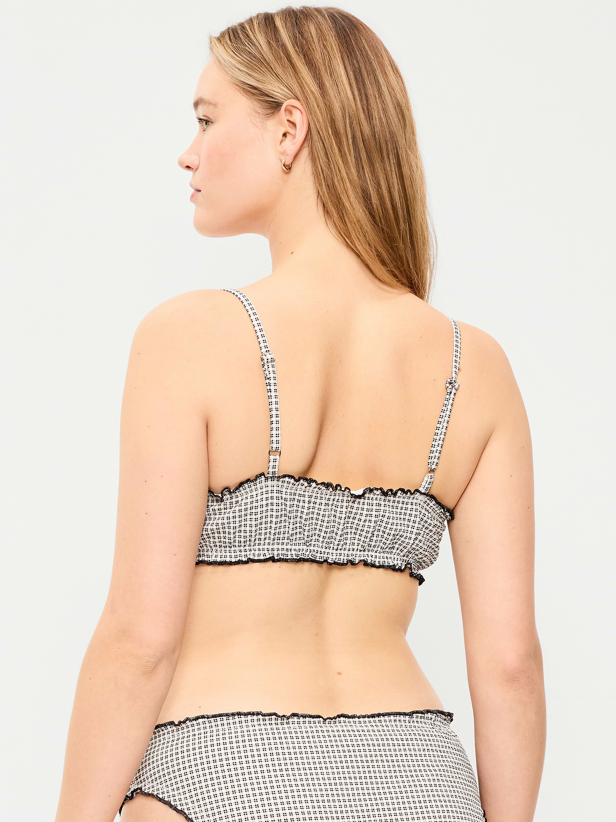 Scoop-Neck Ruffle Swim Top - Pique Black/White Gingham