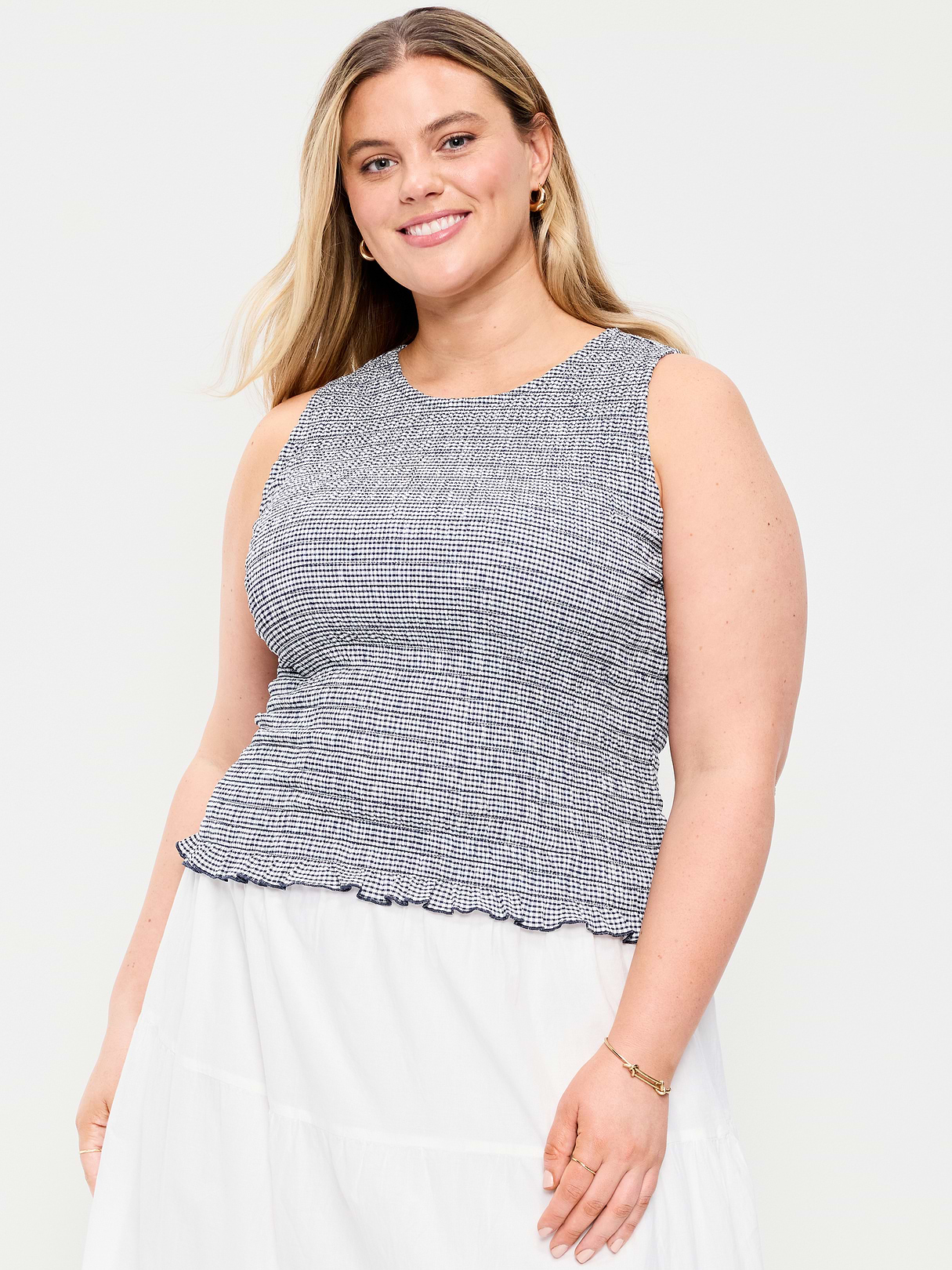 Sleeveless Smocked Tank Top - Navy Gingham