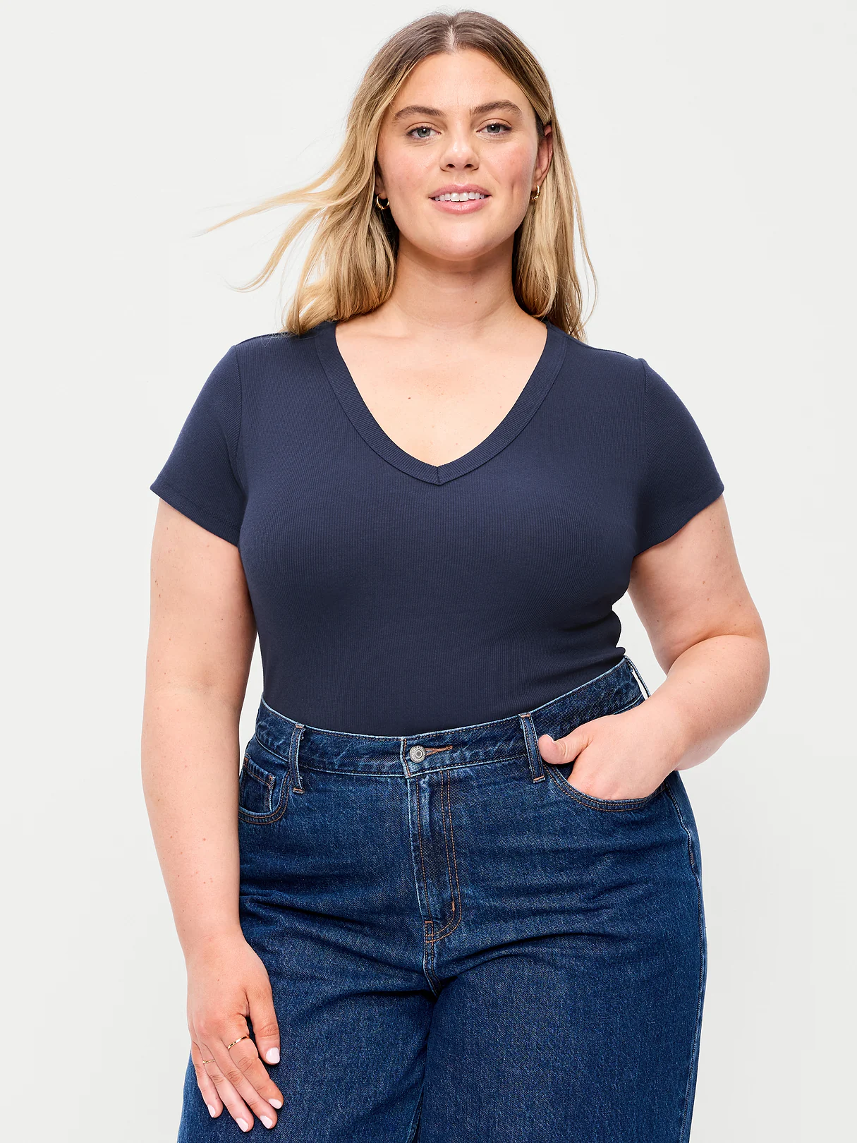 Snug Crop V-Neck Ribbed T-Shirt - Arctic Depth