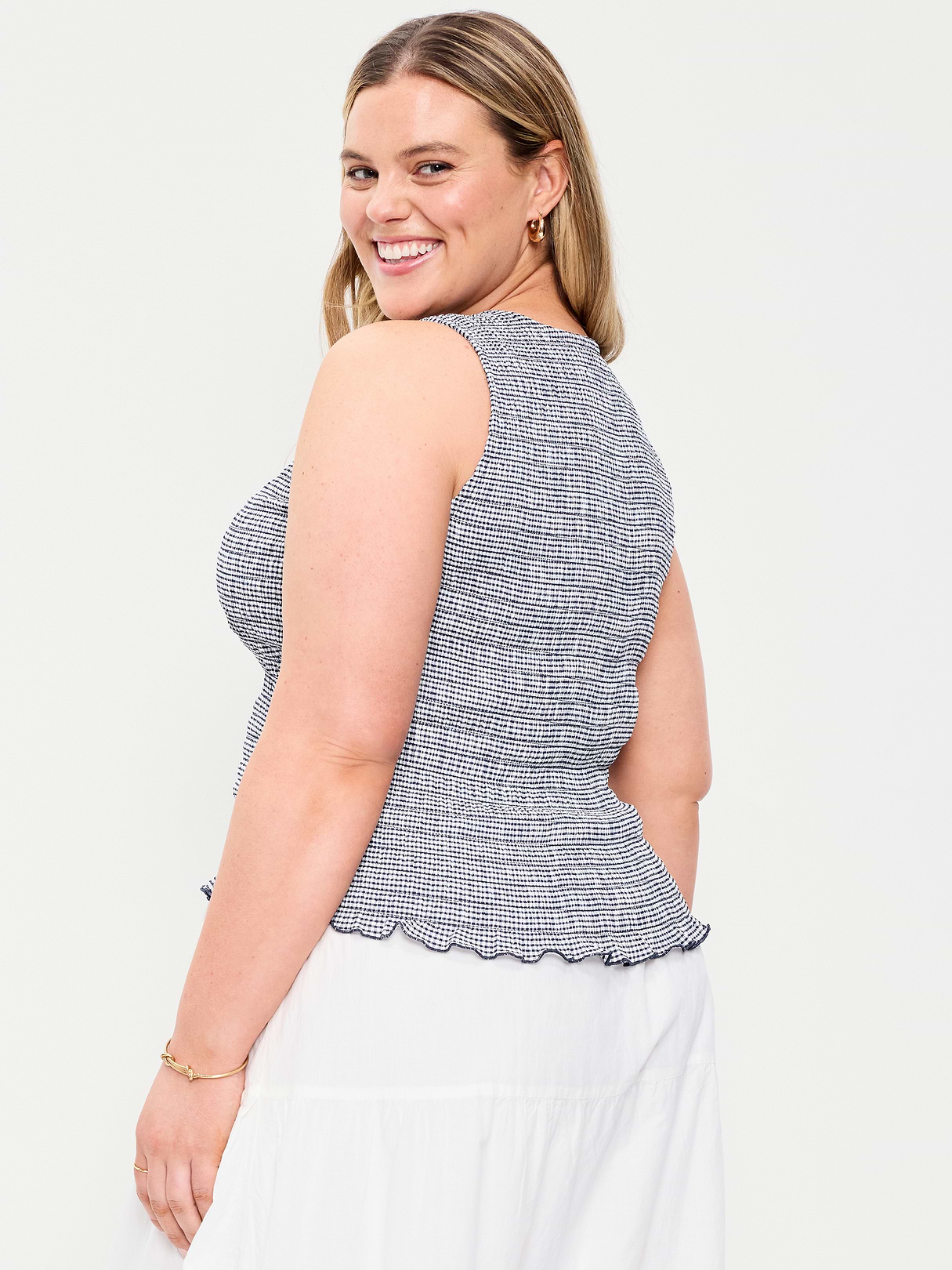 Sleeveless Smocked Tank Top - Navy Gingham
