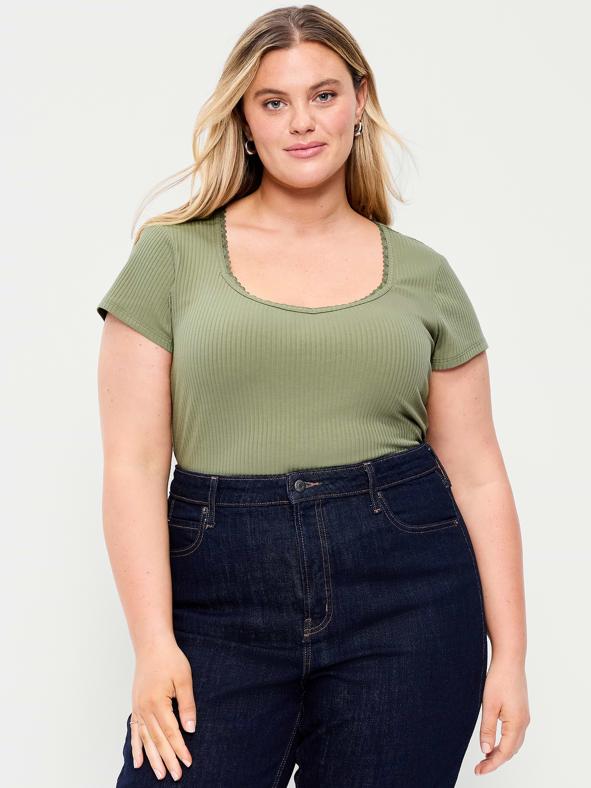 Lace-Trim Sweetheart-Neck Ribbed Top - Bare Ground