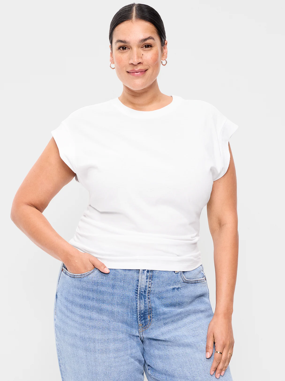 Cap-Sleeve Cinch-Waist Top - White Lilies