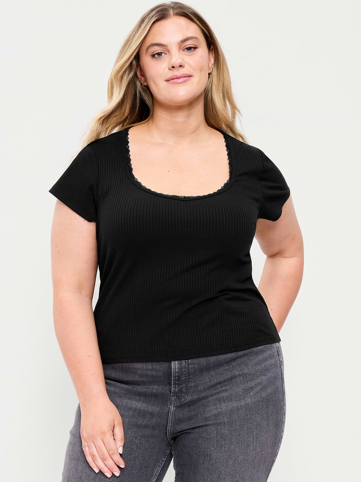 Lace-Trim Sweetheart-Neck Ribbed Top - Black Jack