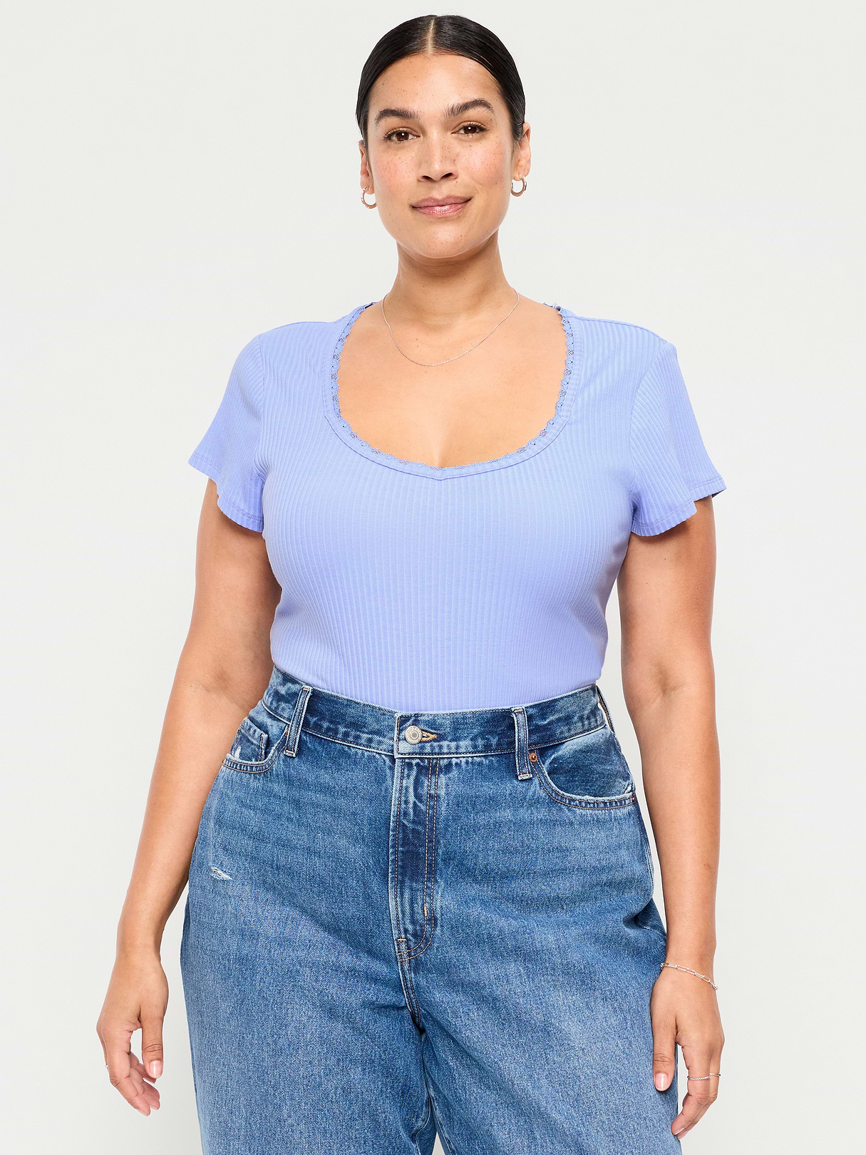 Lace-Trim Sweetheart-Neck Ribbed Top - Flax Flower