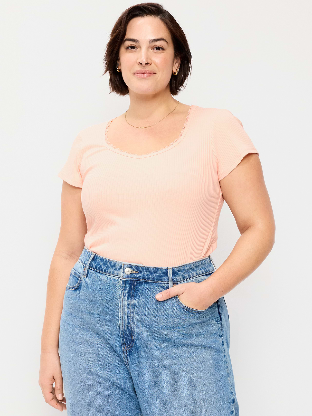 Lace-Trim Sweetheart-Neck Ribbed Top - Peach Gelato