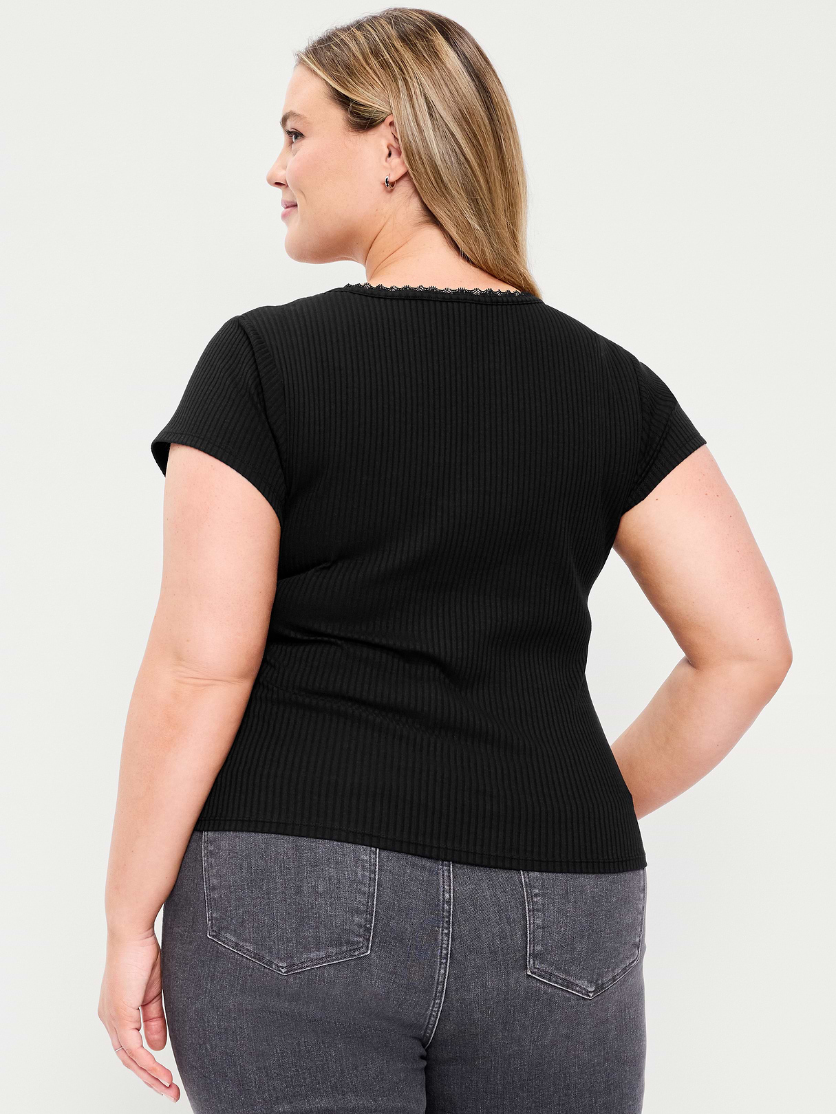Lace-Trim Sweetheart-Neck Ribbed Top - Black Jack