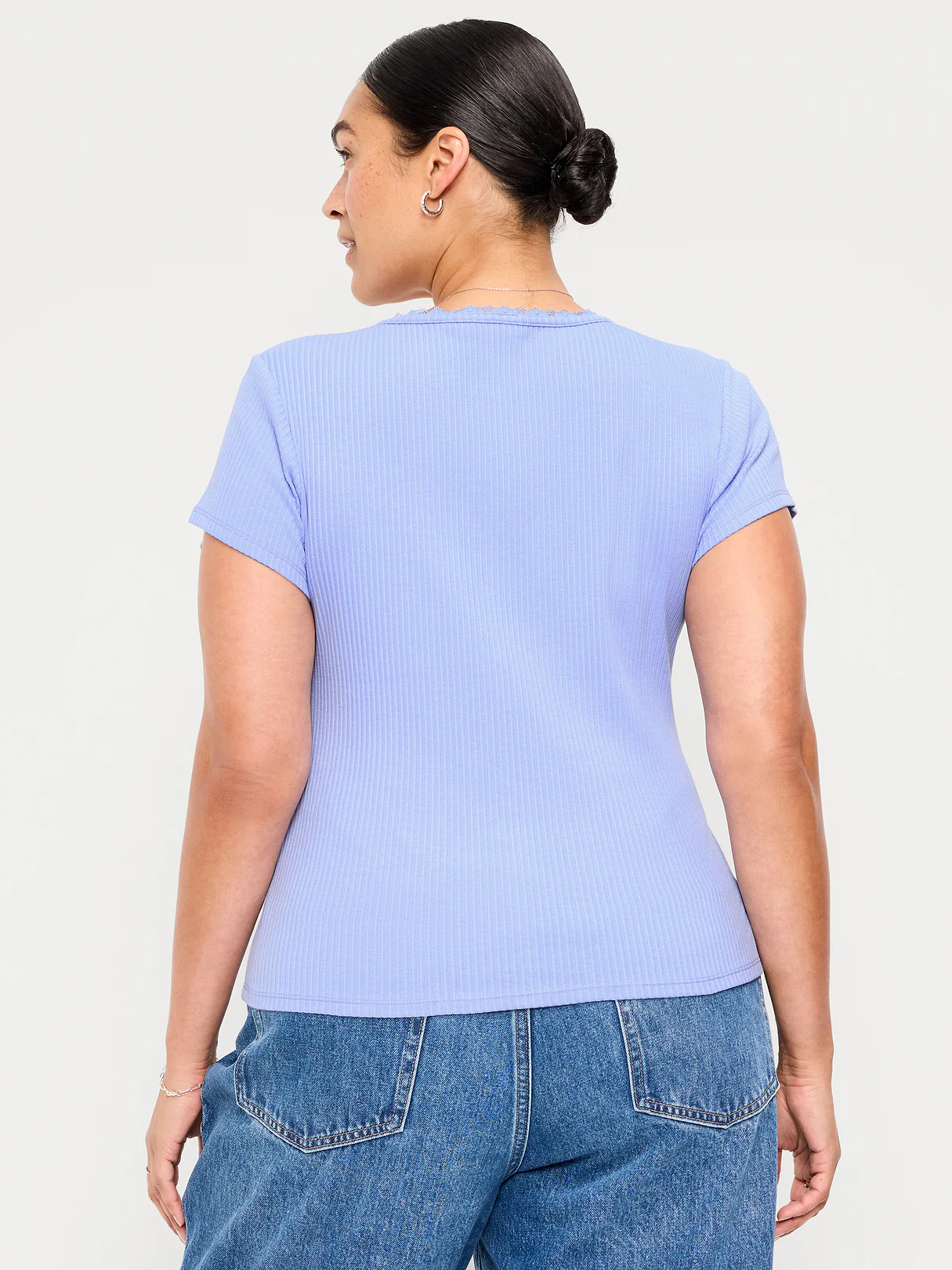 Lace-Trim Sweetheart-Neck Ribbed Top - Flax Flower