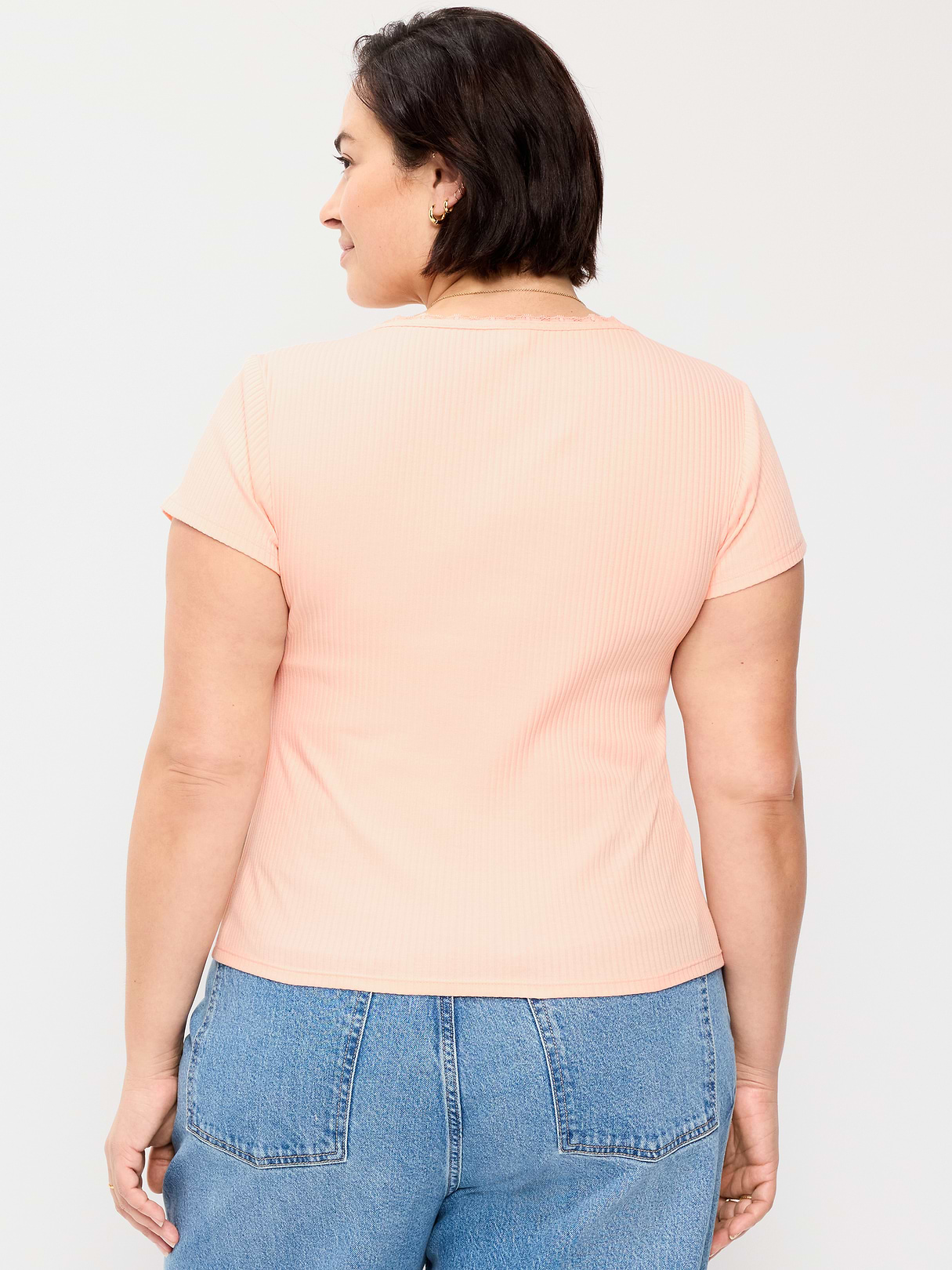 Lace-Trim Sweetheart-Neck Ribbed Top - Peach Gelato