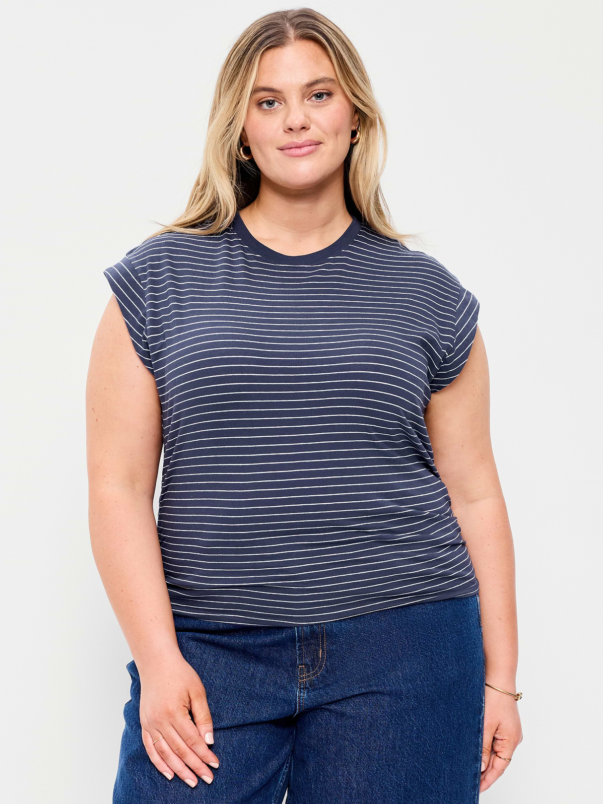 Cap-Sleeve Cinch-Waist Top - Navy Stripe