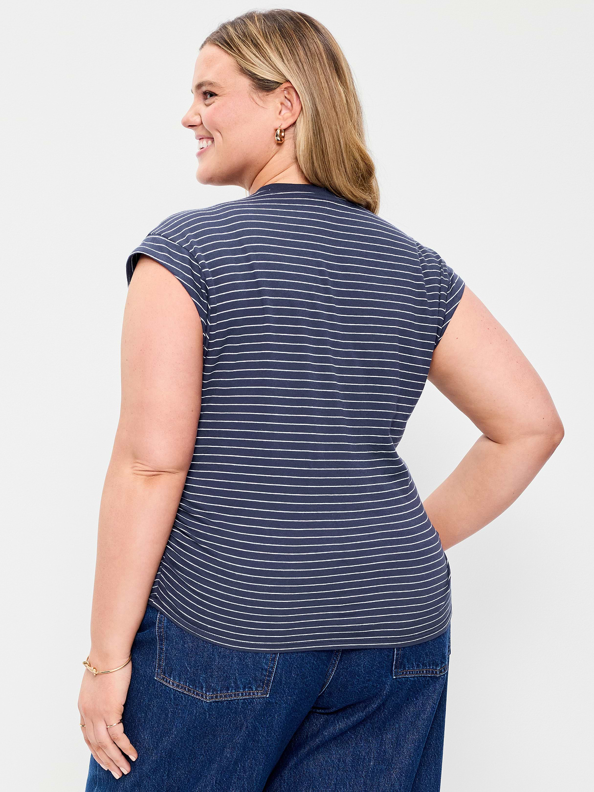 Cap-Sleeve Cinch-Waist Top - Navy Stripe