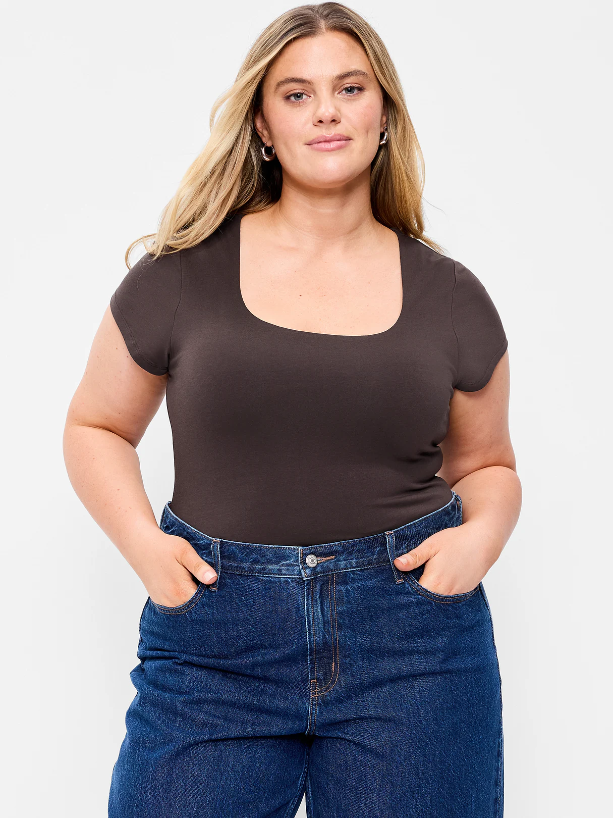 Hug Double-Layer Scoop-Neck Top - Black Coffee