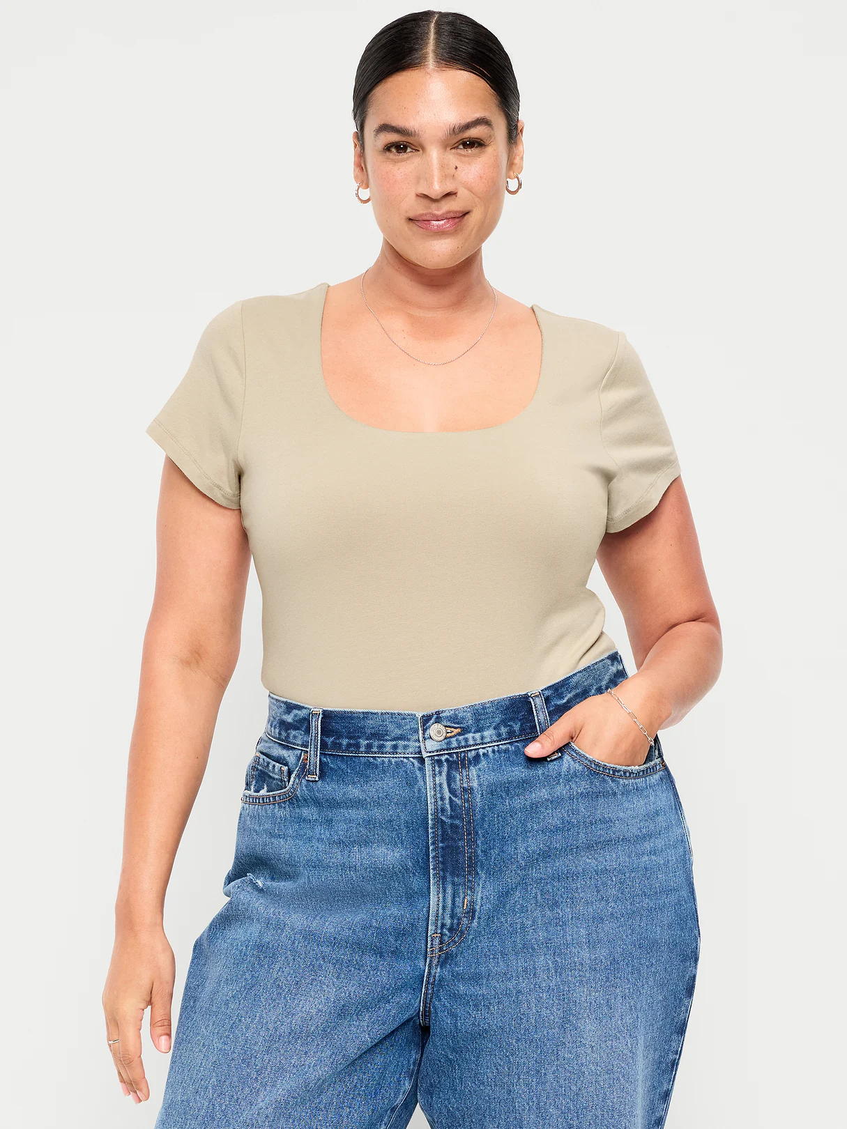 Hug Double-Layer Scoop-Neck Top - Mocha Taffy