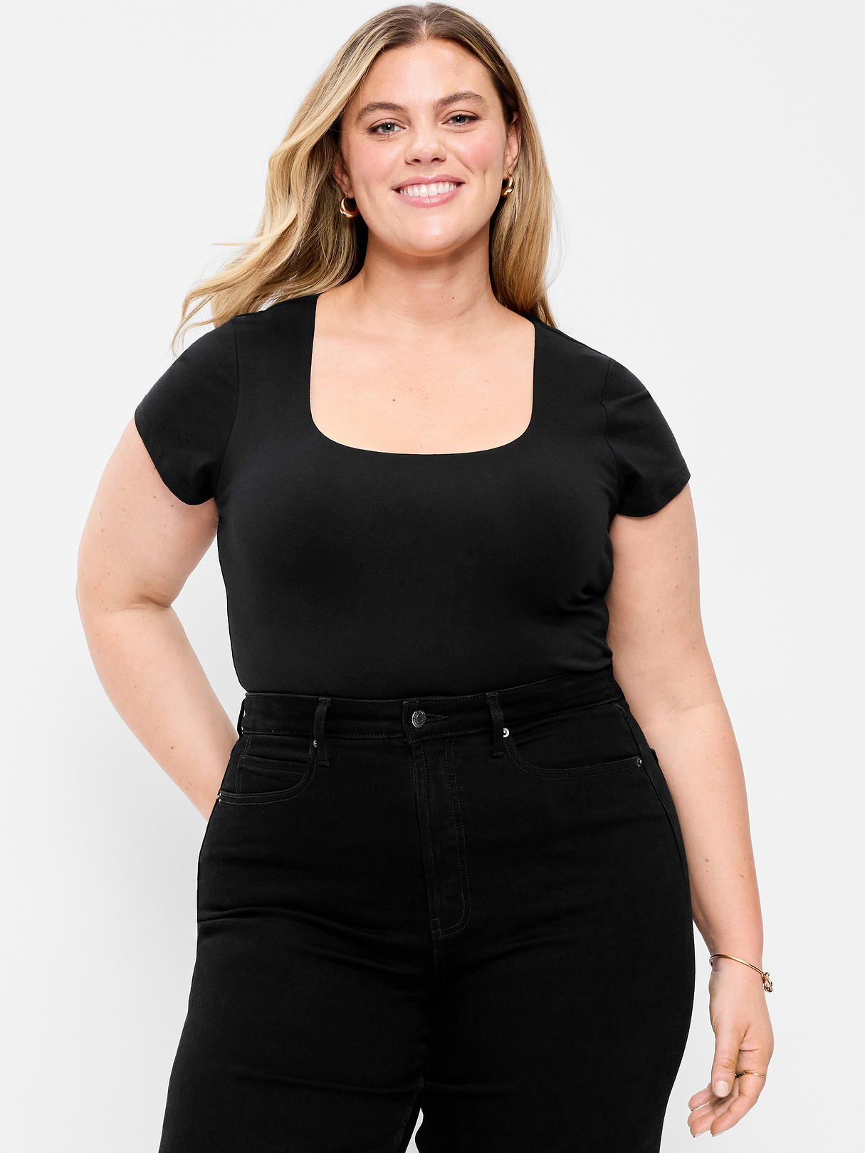 Hug Double-Layer Scoop-Neck Top - Black Jack