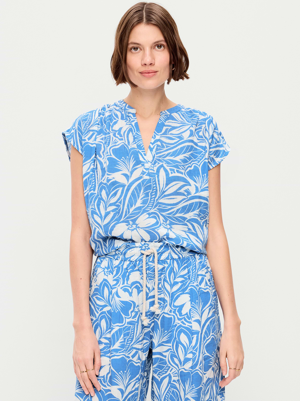 Short-Sleeve Crinkle Gauze Popover Top - Paradise Blue Print