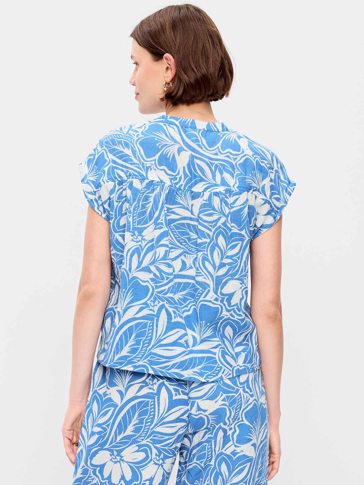 Short-Sleeve Crinkle Gauze Popover Top - Paradise Blue Print