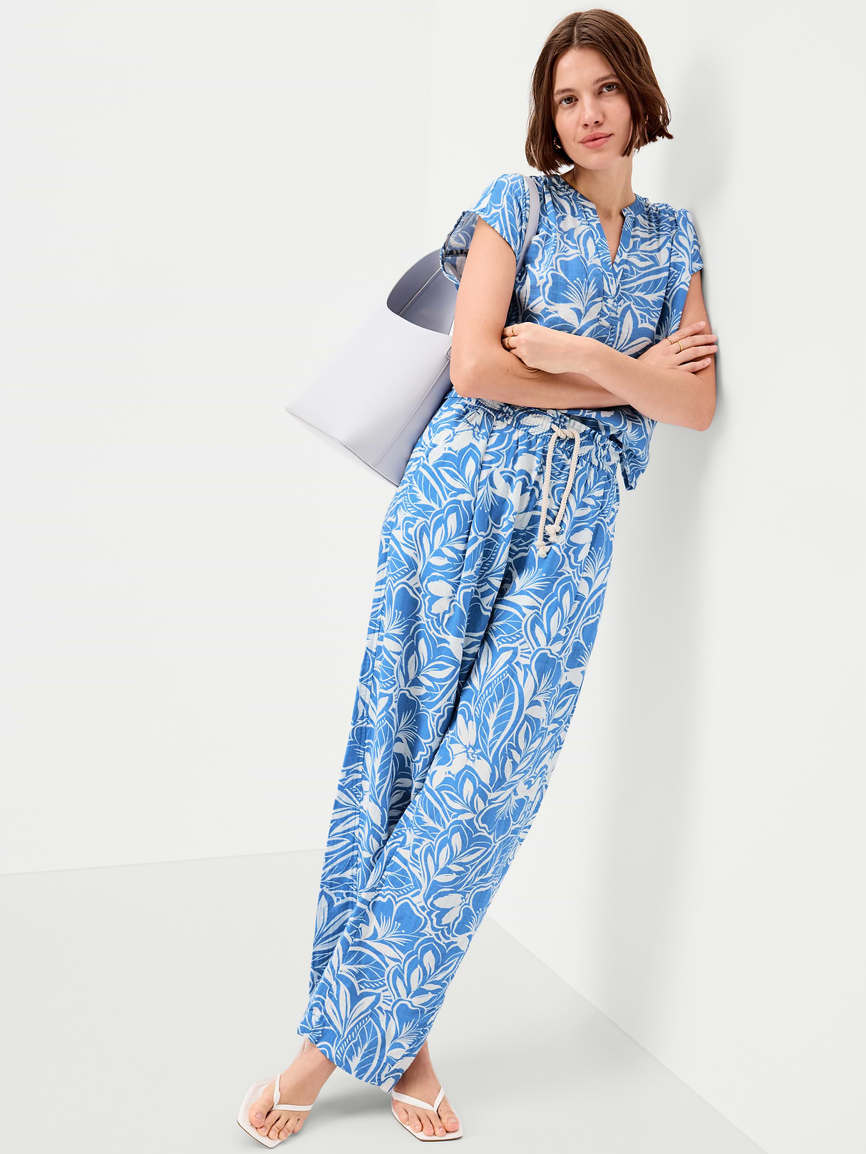 Short-Sleeve Crinkle Gauze Popover Top - Paradise Blue Print